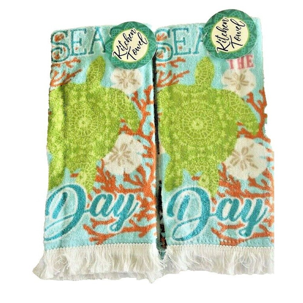 Sea Turtle Dish Kitchen Towels Beach Summer Seas the Day Sand Dollar Set of 2